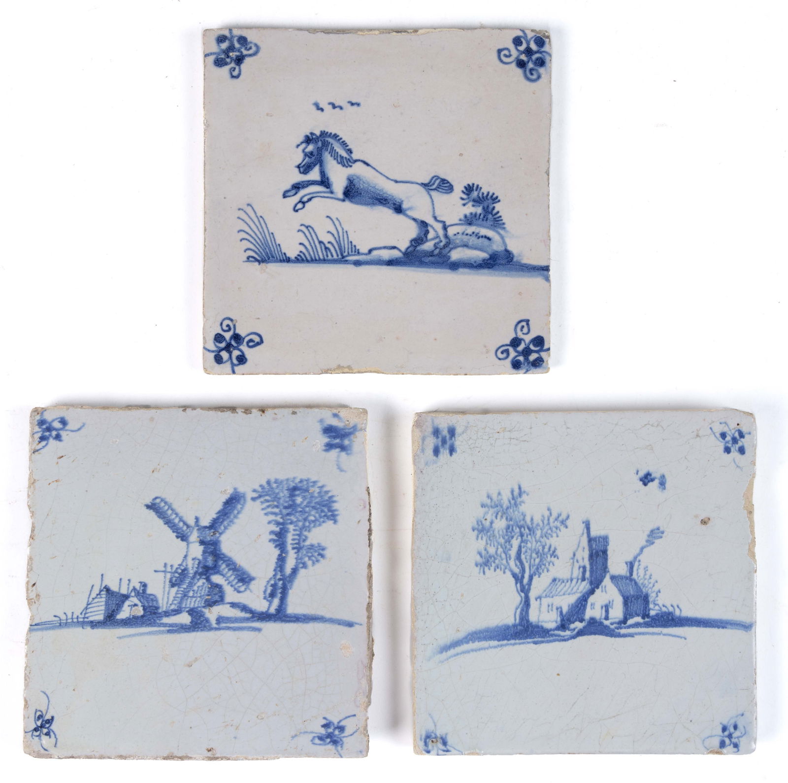 DUTCH DELFT TIN-GLAZED EARTHENWARE TILES, LOT OF THREE (1 of 2)