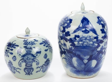 CHINESE EXPORT PORCELAIN BLUE AND WHITE GINGER JARS, LOT OF TWO