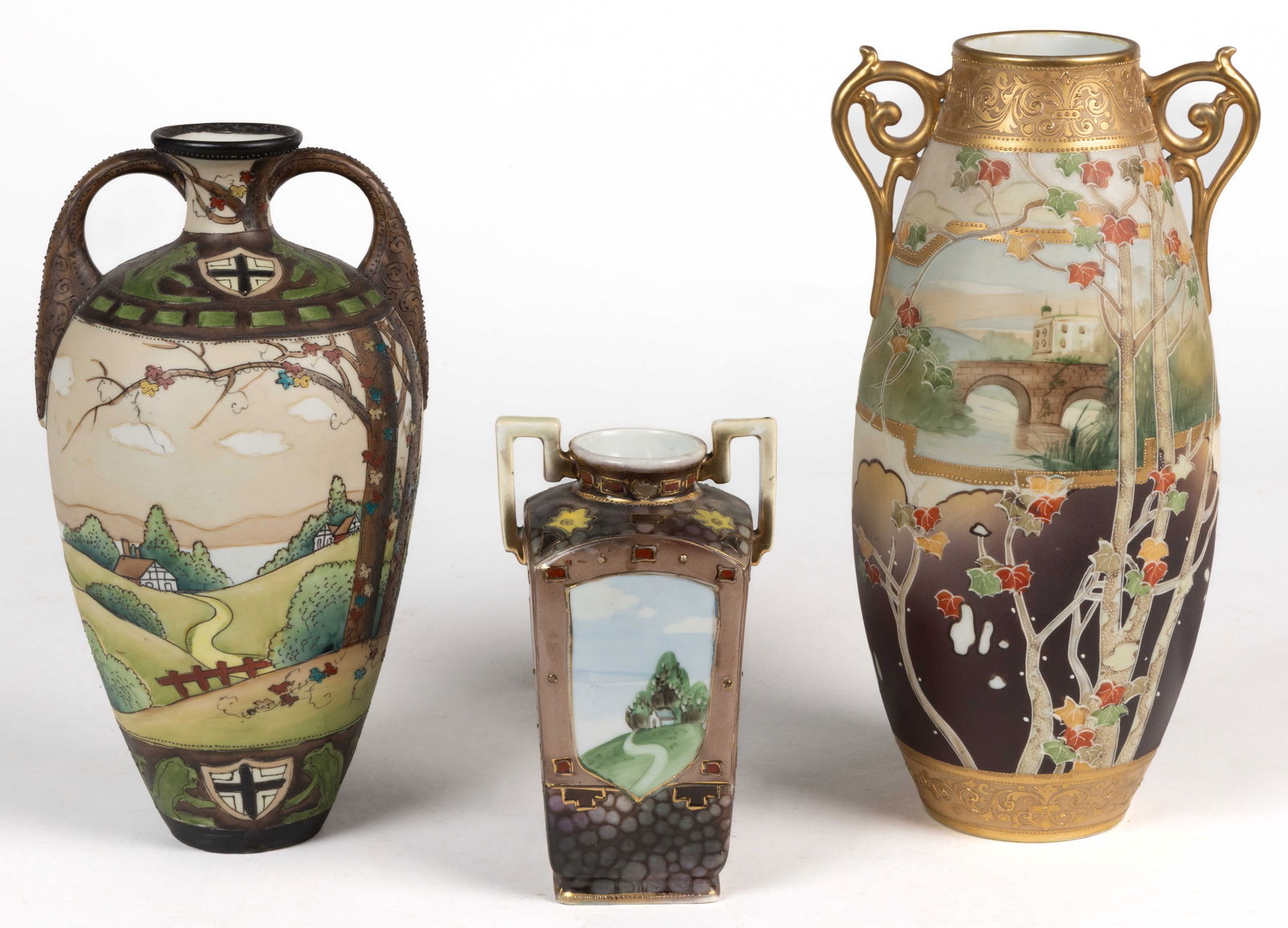 JAPANESE NIPPON PORCELAIN HAND-PAINTED VASES, LOT OF THREE (1 of 5)