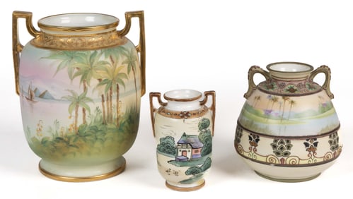 JAPANESE NIPPON PORCELAIN HAND-PAINTED VASES, LOT OF THREE