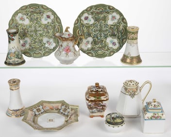 JAPANESE NIPPON AND OTHER PORCELAIN HAND-PAINTED ARTICLES, LOT OF 11