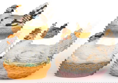 CONTINENTAL BISQUE PORCELAIN CHICKEN ON NEST COVERED DISH, LOT OF FOUR