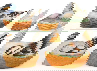 CONTINENTAL BISQUE PORCELAIN BIRD ON NEST COVERED DISH, LOT OF FIVE