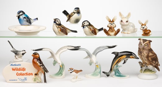 GERMAN GOEBEL HAND-PAINTED PORCELAIN ANIMAL FIGURAL ARTICLES, LOT OF 13