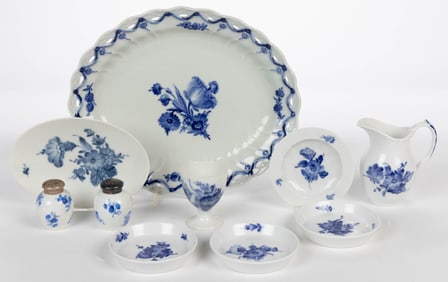 ROYAL COPENHAGEN AND OTHER PORCELAIN HAND-PAINTED BLUE FLOWER ARTICLES, LOT OF TEN