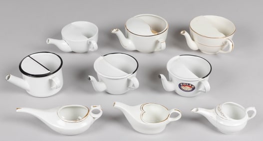 ASSORTED ENAMEL AND CERAMIC INVALID FEEDERS / PAP BOATS, LOT OF NINE