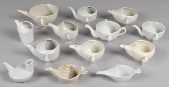 ASSORTED CERAMIC INVALID FEEDERS / PAP BOATS, LOT OF 13