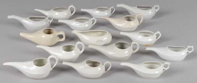 ASSORTED CERAMIC INVALID FEEDERS / PAP BOATS, LOT OF 15