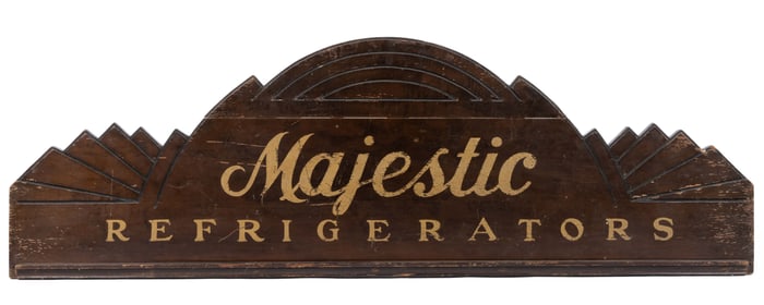 MAJESTIC REFRIDGERATORS CARVED AND PAINTED WOODEN ADVERTISING / TRADE SIGN