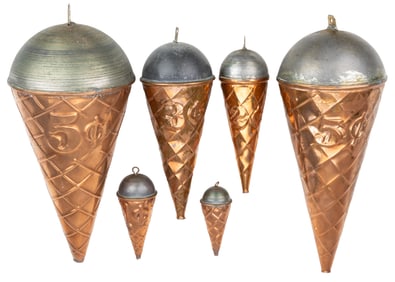 AMERICAN ICE CREAM COPPER SODA FOUNTAIN DISPLAY / TRADE SIGNS, LOT OF SIX