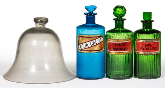 VICTORIAN GLASS APOTHECARY / MEDICINE BOTTLES AND CLOCHE, LOT OF FOUR