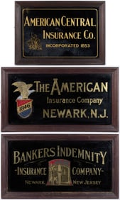 REVERSE-PAINTED AND FRAMED INSURANCE COMPANY ADVERTISING SIGNS, LOT OF THREE