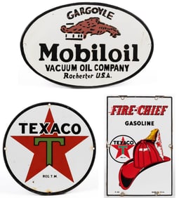 ASSORTED GASOLINE PORCELAIN ADVERTISING SIGNS, LOT OF THREE
