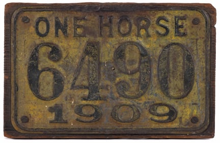 EARLY DATED 1909 "ONE HORSE" STAMPED METAL CARRIAGE LICENSE PLATE / TAG