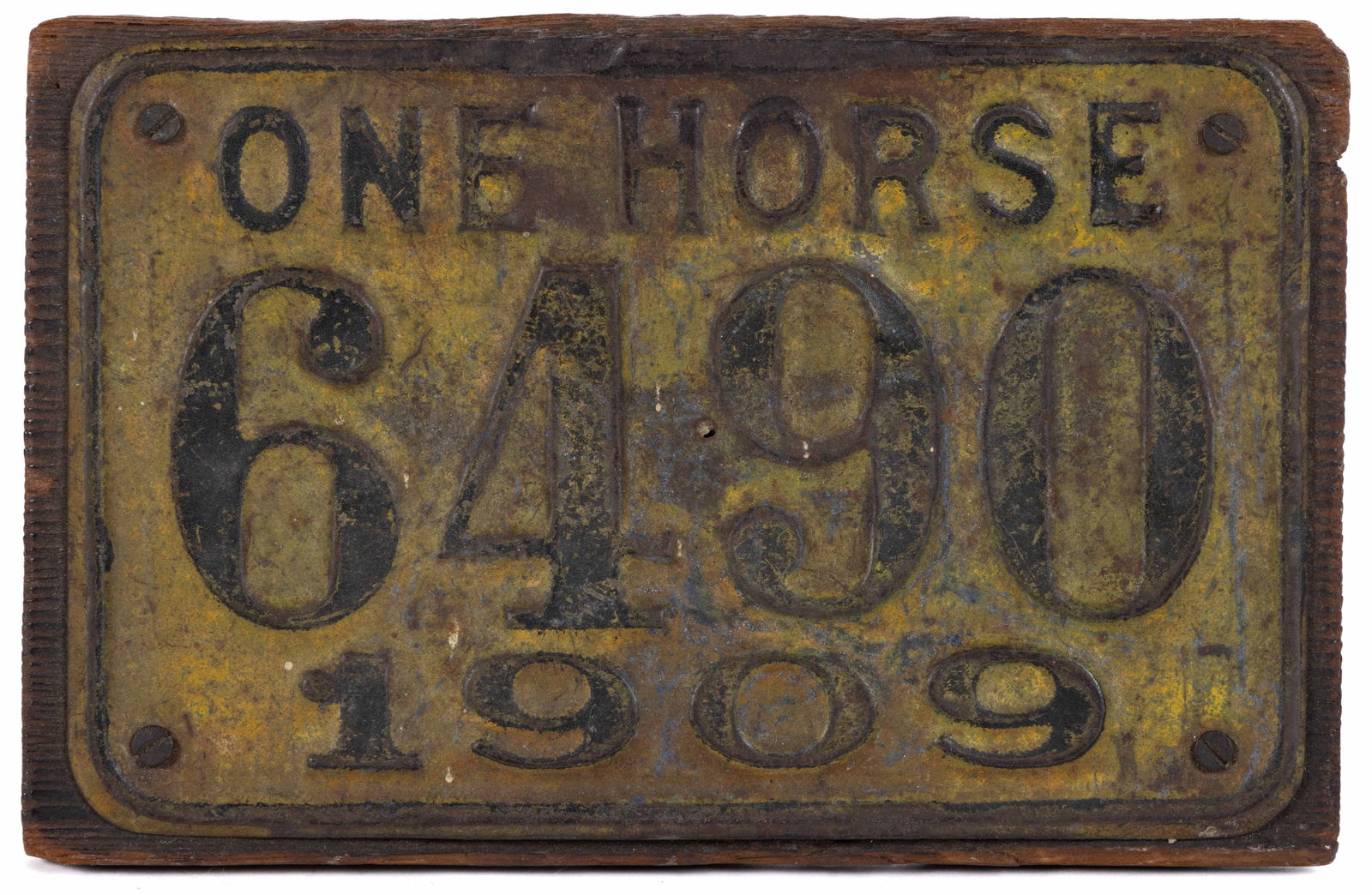 EARLY DATED 1909 "ONE HORSE" STAMPED METAL CARRIAGE LICENSE PLATE / TAG (1 of 2)