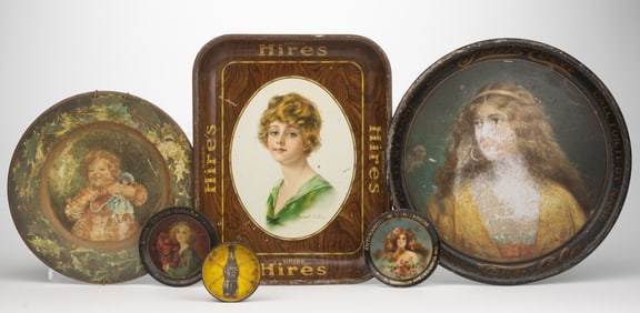 ASSORTED AMERICAN TIN LITHOGRAPH SODA AND OTHER TRAYS, LOT OF SIX