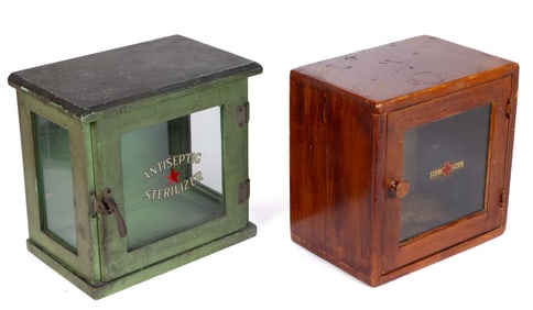 AMERICAN COUNTRY STORE / BARBER SHOP ANTISEPTIC STERILIZER PAINTED WOODEN COUNTER-TOP DISPLAY CASES,