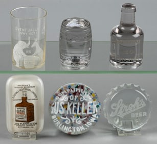 ASSORTED DRINKING / WHISKEY AND BEER THEMED ADVERTISING PAPERWEIGHTS, LOT OF FIVE
