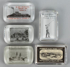 ASSORTED GLASS / BOTTLE FACTORY ADVERTISING PAPERWEIGHTS, LOT OF FIVE