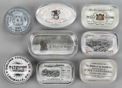ASSORTED MERCHANT ADVERTISING PAPERWEIGHTS, LOT OF EIGHT