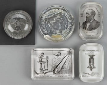 ASSORTED MILITARY AND POLITICAL-THEMED VICTORIAN PAPERWEIGHTS, LOT OF FIVE