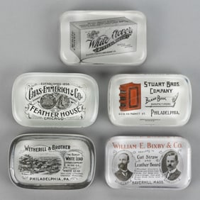 ASSORTED MERCHANT ADVERTISING PAPERWEIGHTS, LOT OF FIVE