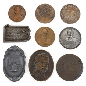 METAL ADVERTISING PAPERWEIGHTS / MEDALS AND RELATED ARTICLES, LOT OF NINE