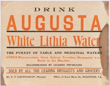STAUNTON, AUGUSTA CO., SHENANDOAH VALLEY OF VIRGINIA LITHIA WATER SIGN