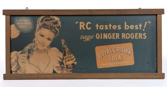 ROYAL CROWN COLA CARDBOARD ADVERTISING SIGN FEATURING GINGER ROGERS