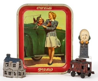 ASSORTED CAST- AND SHEET-IRON TOYS / BANKS AND ADVERTISING ARTICLES, LOT OF FOUR