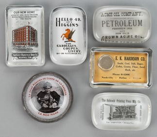 ASSORTED MERCHANT ADVERTISING PAPERWEIGHTS, LOT OF SIX