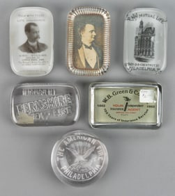 ASSORTED LIFE / FIRE INSURANCE MERCHANT ADVERTISING PAPERWEIGHTS, LOT OF SIX