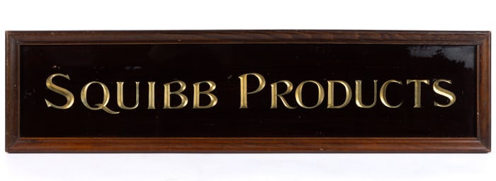 SQUIBB PRODUCTS REVERSE-PAINTED GLASS TRADE SIGN