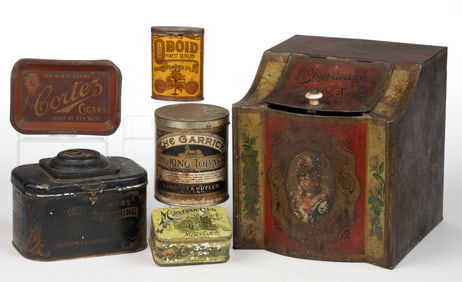 ASSORTED ADVERTISING TOBACCO TINS / ARTICLES, LOT OF SIX