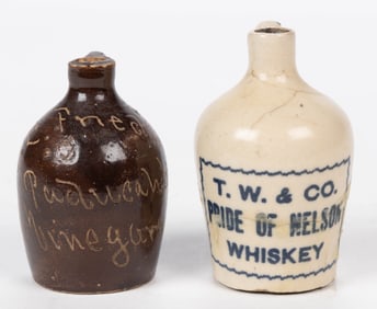 KENTUCKY MERCHANT'S STONEWARE MINIATURE ADVERTISING JUGS, LOT OF TWO