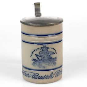 AMERICAN WHITE'S POTTERY, UTICA, NEW YORK STONEWARE ANHEUSER-BUSCH ADVERTISING MUG