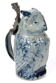 AMERICAN WHITE'S POTTERY, UTICA, NEW YORK FIGURAL OWL STONEWARE STEIN