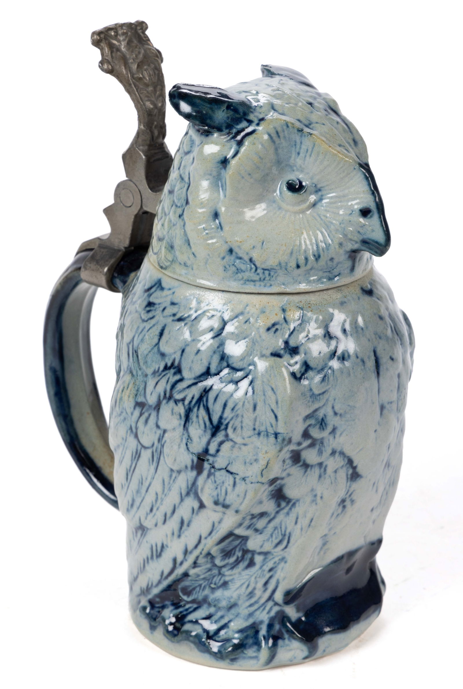 AMERICAN WHITE'S POTTERY, UTICA, NEW YORK FIGURAL OWL STONEWARE STEIN (1 of 5)