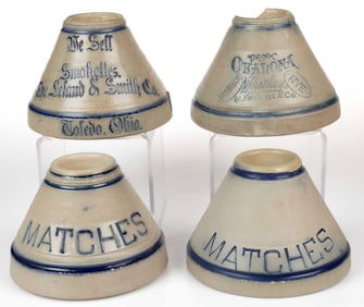 AMERICAN WHITE'S POTTERY, UTICA, NEW YORK STONEWARE LARGE MATCH SAFES, LOT OF FOUR