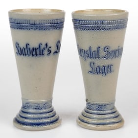 AMERICAN WHITE'S POTTERY, UTICA, NEW YORK STONEWARE SYRACUSE ADVERTISING LAGER DRINKING VESSELS, LOT