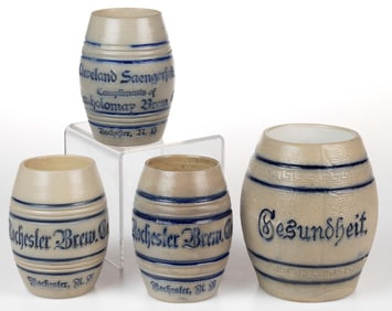 AMERICAN WHITE'S POTTERY, UTICA, NEW YORK STONEWARE ROCHESTER ADVERTISING MUGS, LOT OF THREE
