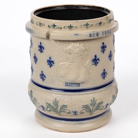 AMERICAN WHITE'S POTTERY, UTICA, NEW YORK MOLDED STONEWARE ADVERTISING BATTERY JAR