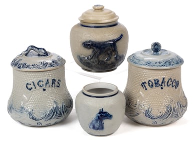 AMERICAN WHITE'S POTTERY, UTICA, NEW YORK MOLDED STONEWARE HUMIDORS, LOT OF FOUR