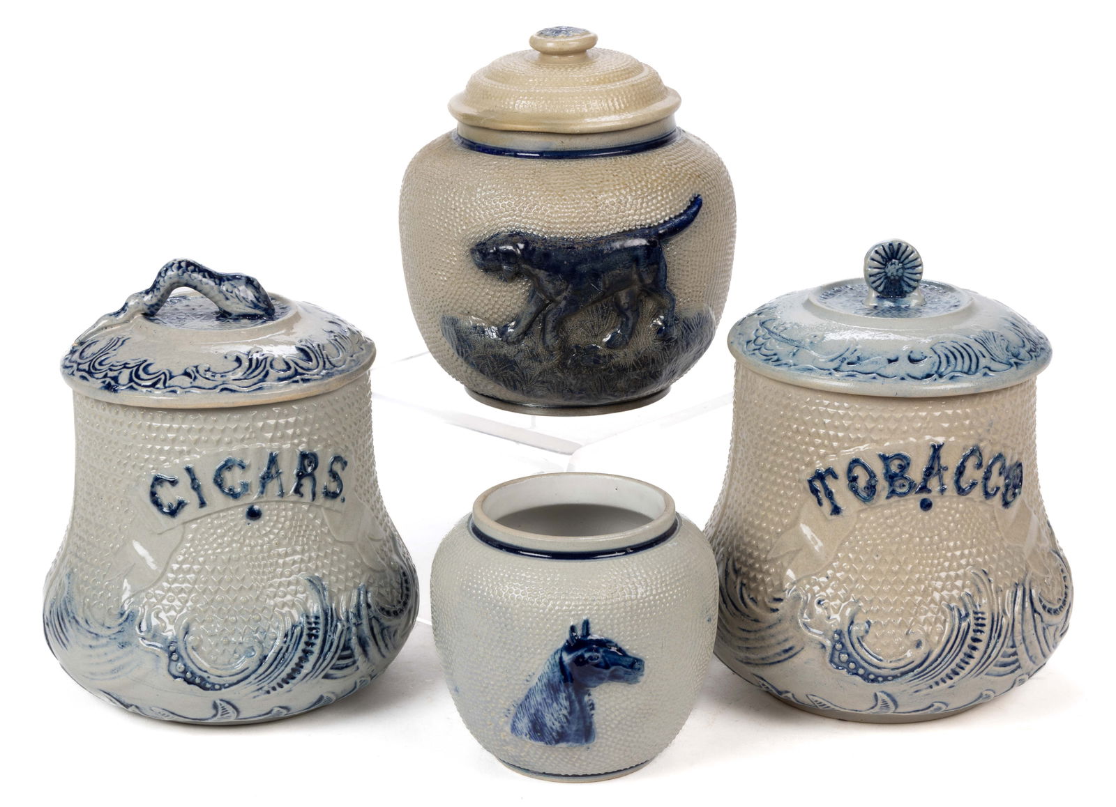 AMERICAN WHITE'S POTTERY, UTICA, NEW YORK MOLDED STONEWARE HUMIDORS, LOT OF FOUR (1 of 3)