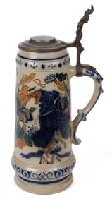 AMERICAN WHITE'S POTTERY, UTICA, NEW YORK MOLDED THREE-COLOR STONEWARE LARGE STEIN