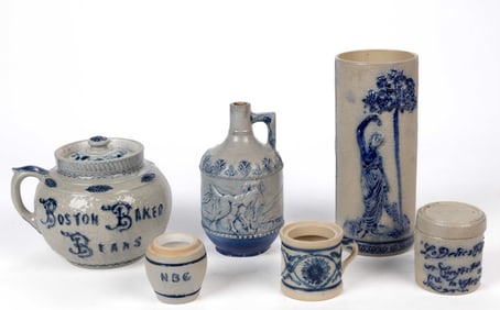 AMERICAN WHITE'S POTTERY, UTICA, NEW YORK MOLDED STONEWARE ARTICLES, LOT OF SIX
