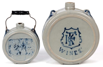 AMERICAN WHITE'S POTTERY, UTICA, NEW YORK MOLDED STONEWARE ADVERTISING CANTEENS, LOT OF TWO