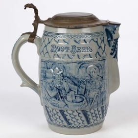 AMERICAN WHITE'S POTTERY, UTICA, NEW YORK MOLDED STONEWARE "ROOT BEER" PITCHER