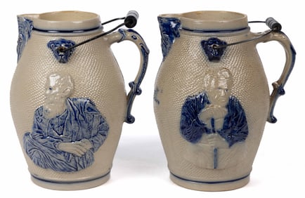 AMERICAN WHITE'S POTTERY, UTICA, NEW YORK MOLDED STONEWARE PITCHERS, LOT OF TWO