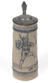 AMERICAN WHITE'S POTTERY, UTICA, NEW YORK DECORATED JESTER MOTIF STONEWARE STEIN